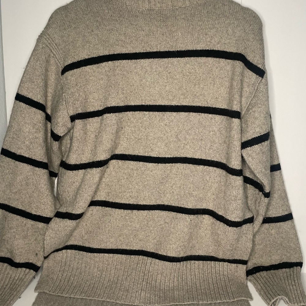 Women's Beige Mockneck Sweater with Black Stripes
